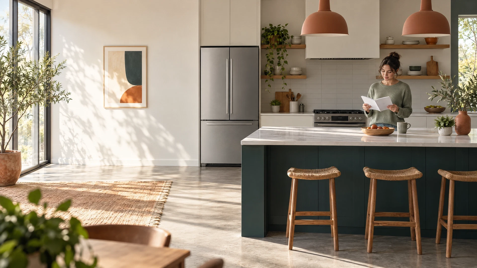 Homeowner reviewing an appliance manual in a bright contemporary kitchen