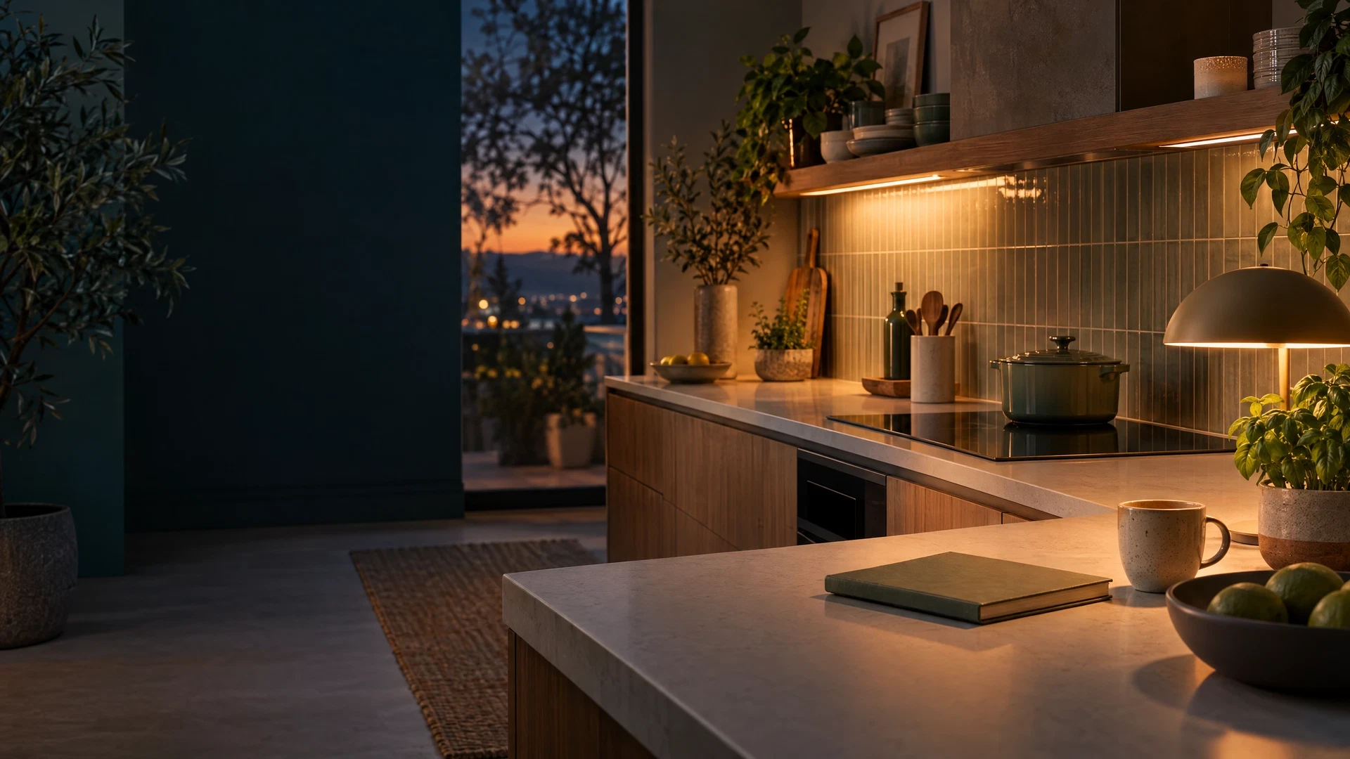 Warmly lit kitchen at dusk with a clean counter