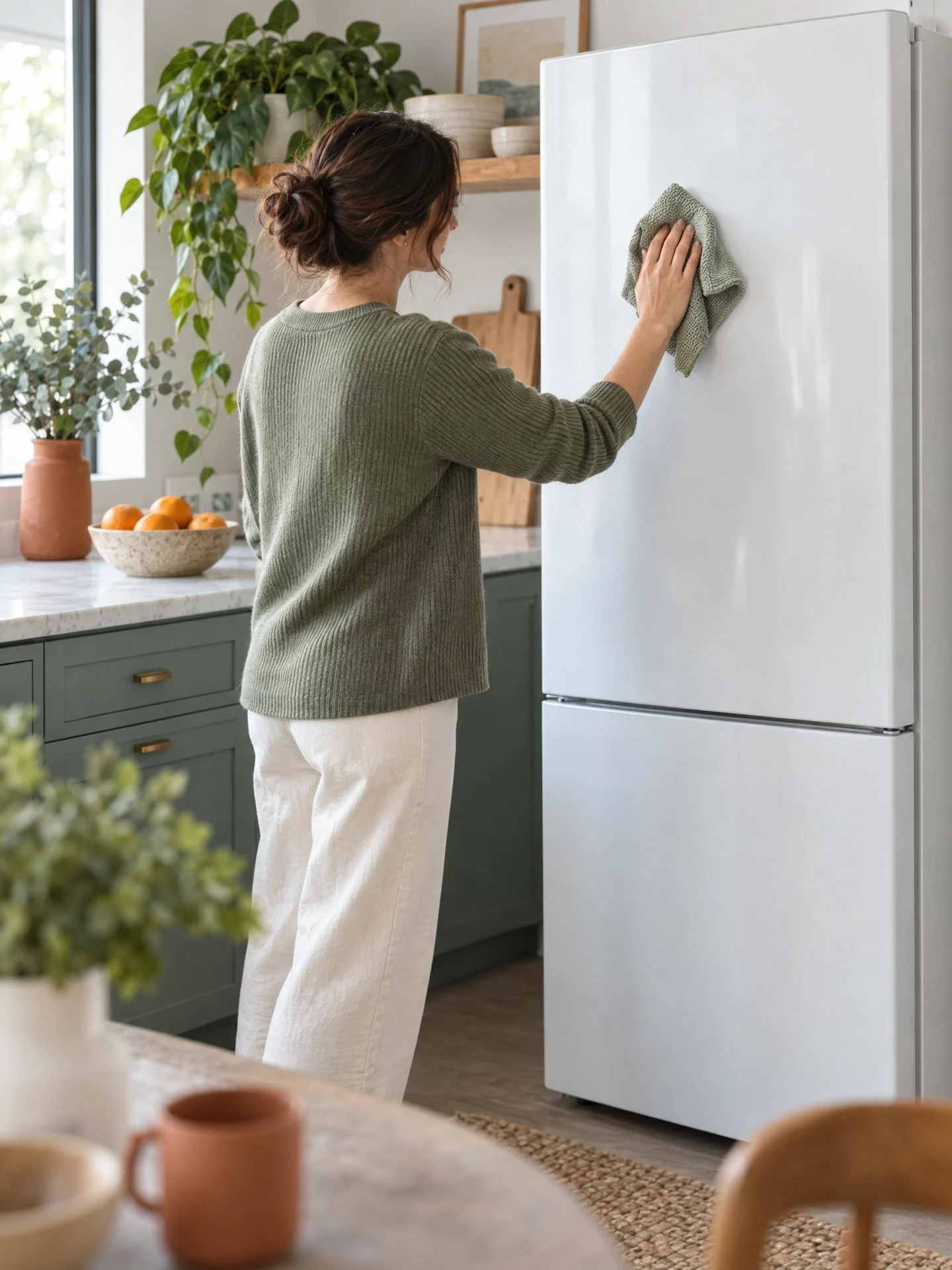 Person gently cleaning a refrigerator door