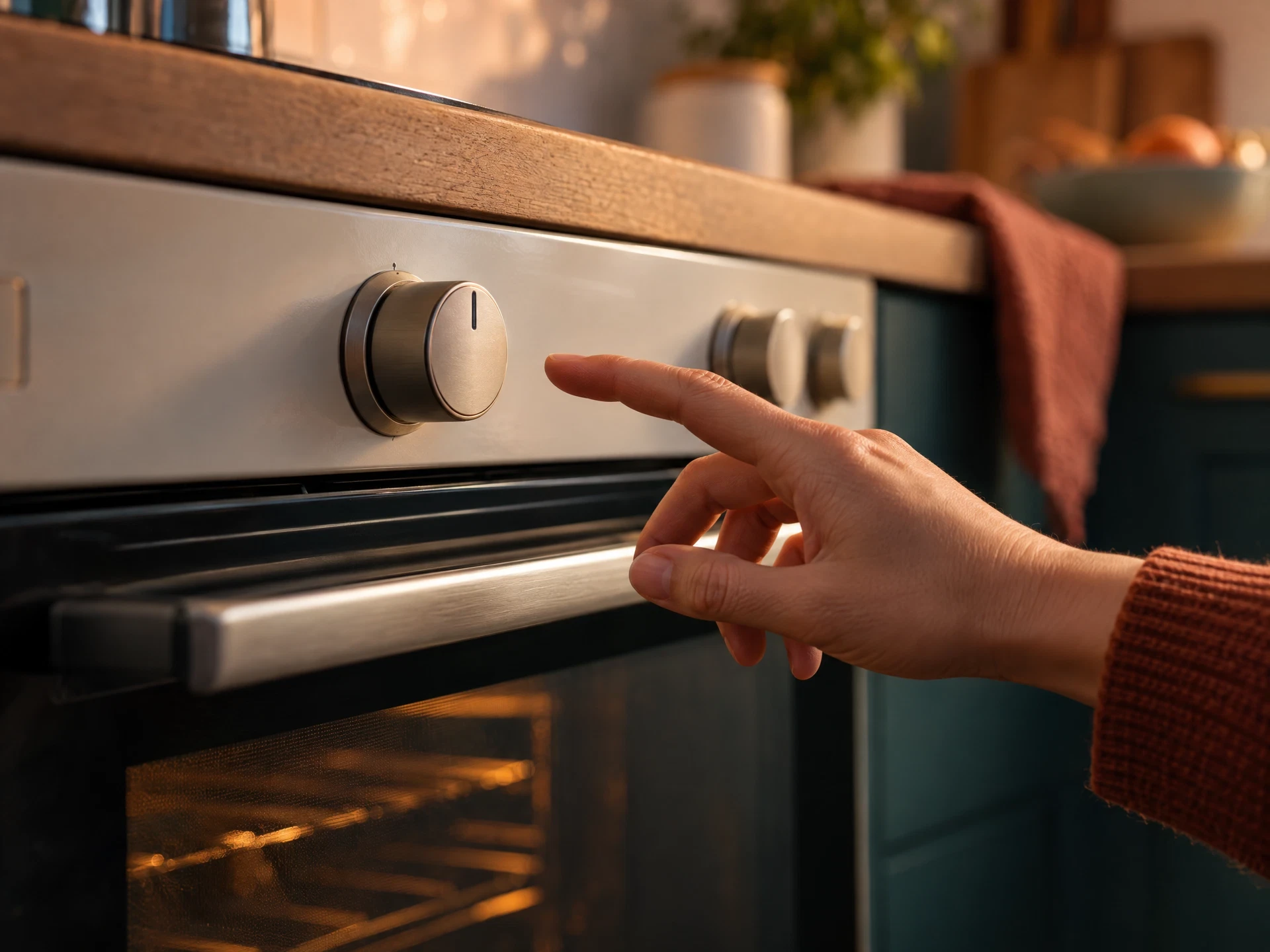 Clean generic oven control surface with a hand nearby