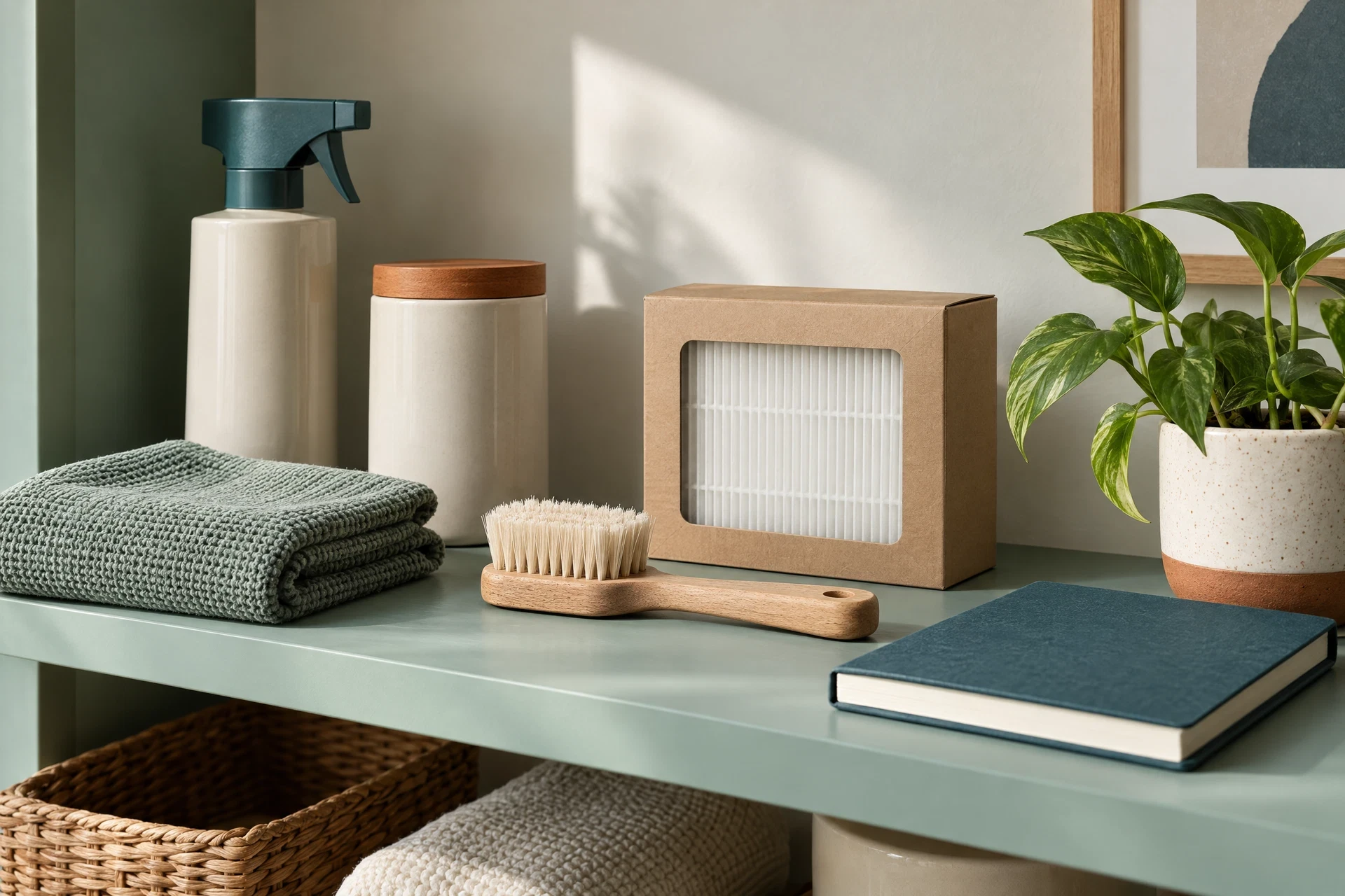 Household care items arranged on a shelf
