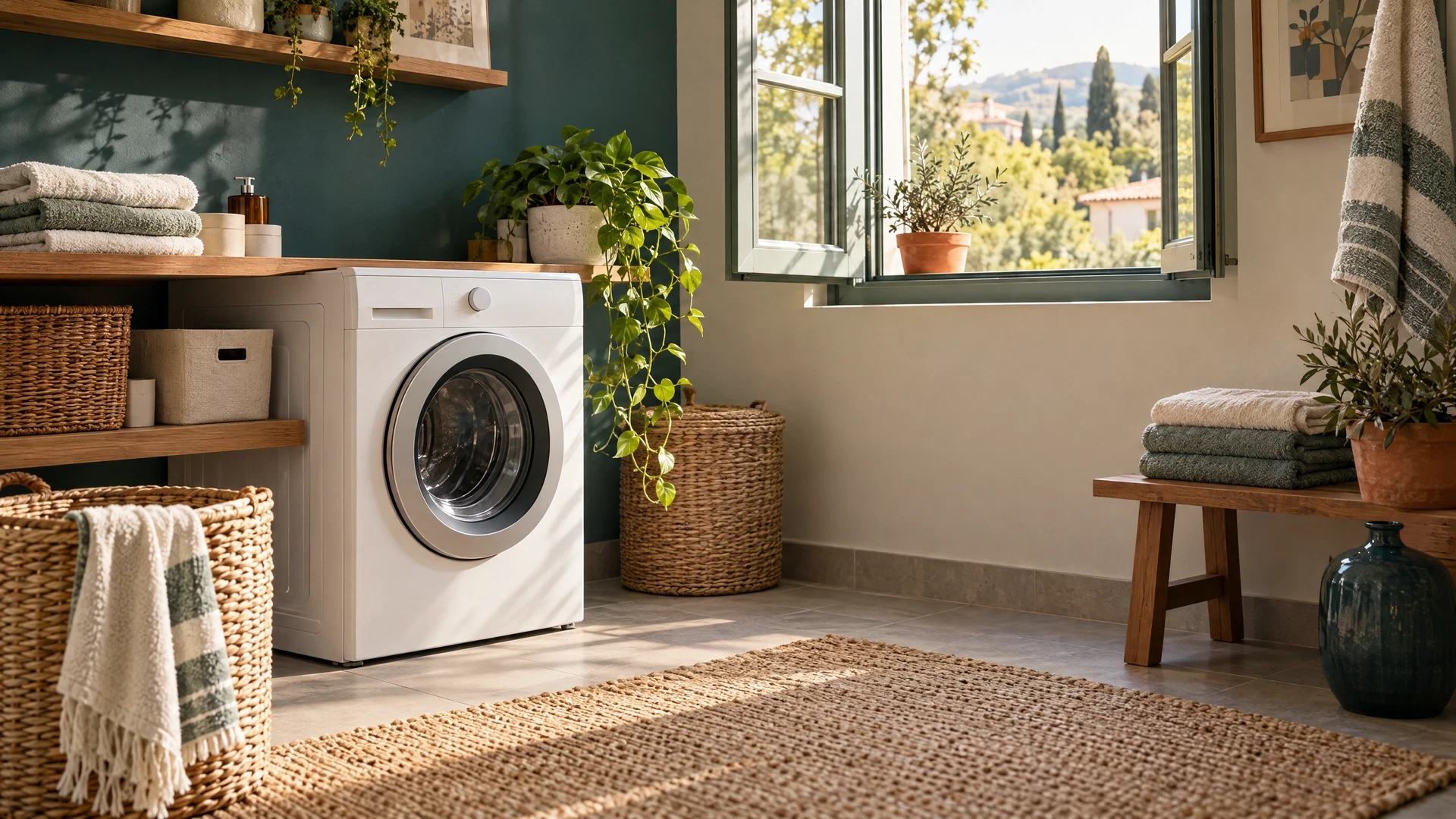 Quiet utility corner with a washing machine and folded towels