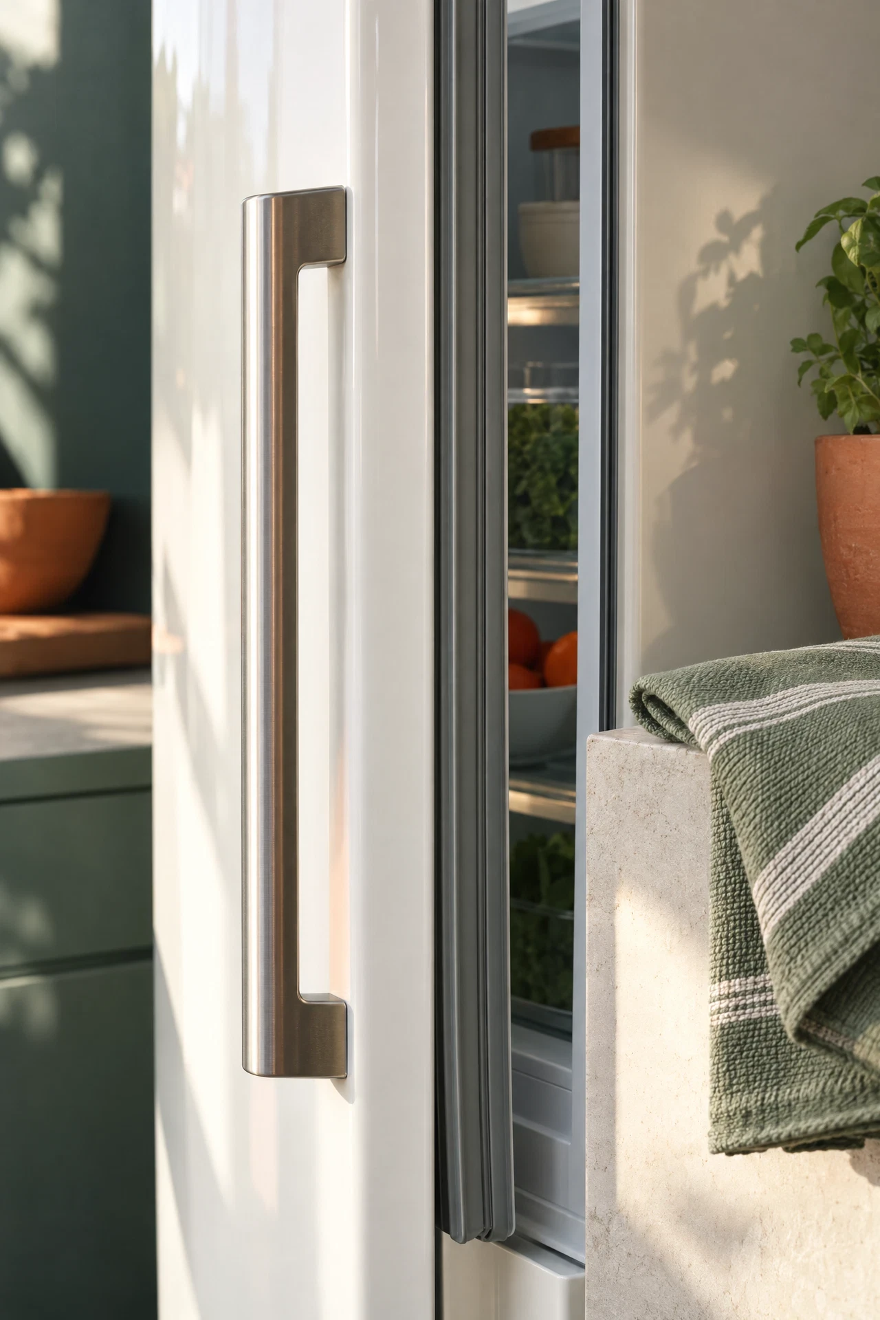 Generic refrigerator handle and door seal in soft sunlight