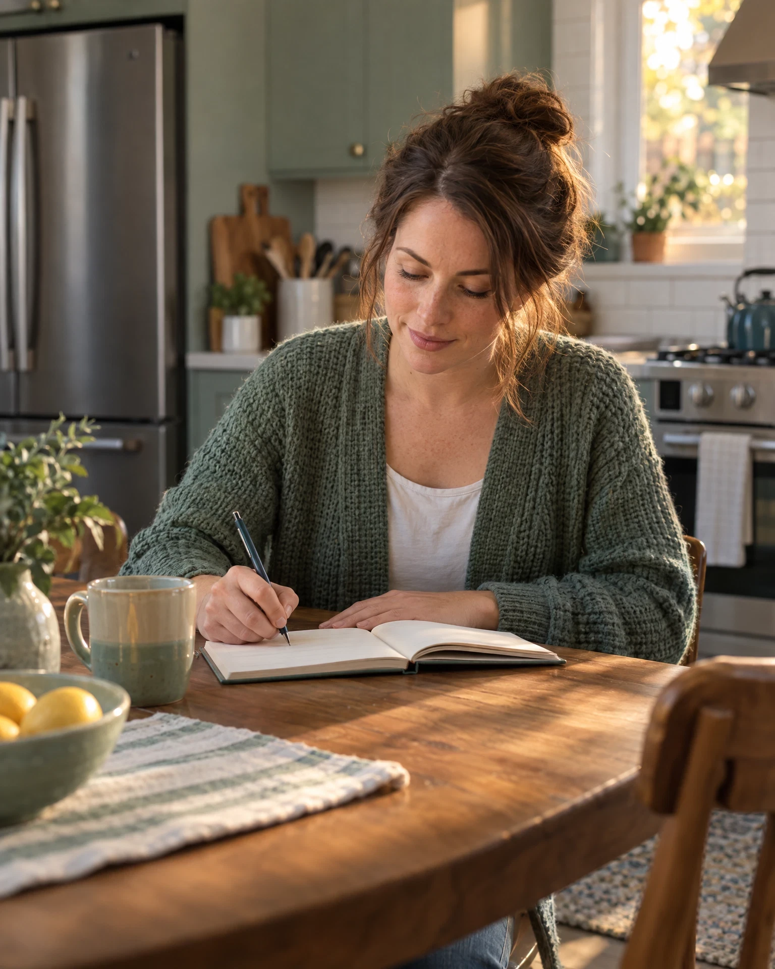 Homeowner writing a household care note at a kitchen table